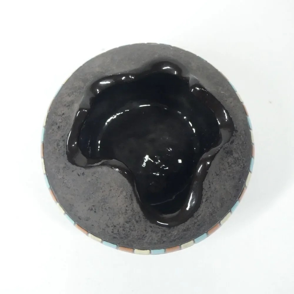 Black Ceramic Bowl Pot w/Blue Squares Geometric Signed Vtg MCM Blackware Native?